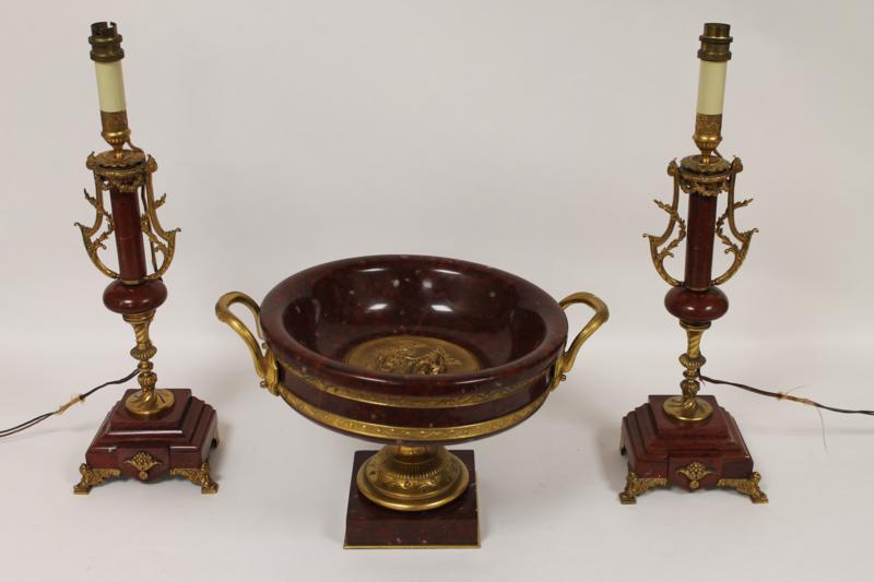 A Pair of Marble and Gilt Metal Table Lamps, with Matching Bowl/Urn